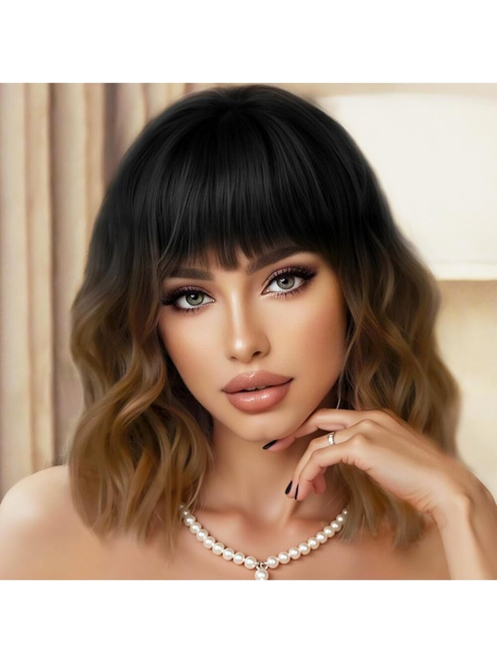 Women's Black to Brown Ombre Wig for Short Wavy Bob  Bangs Pastel Synthetic Hair